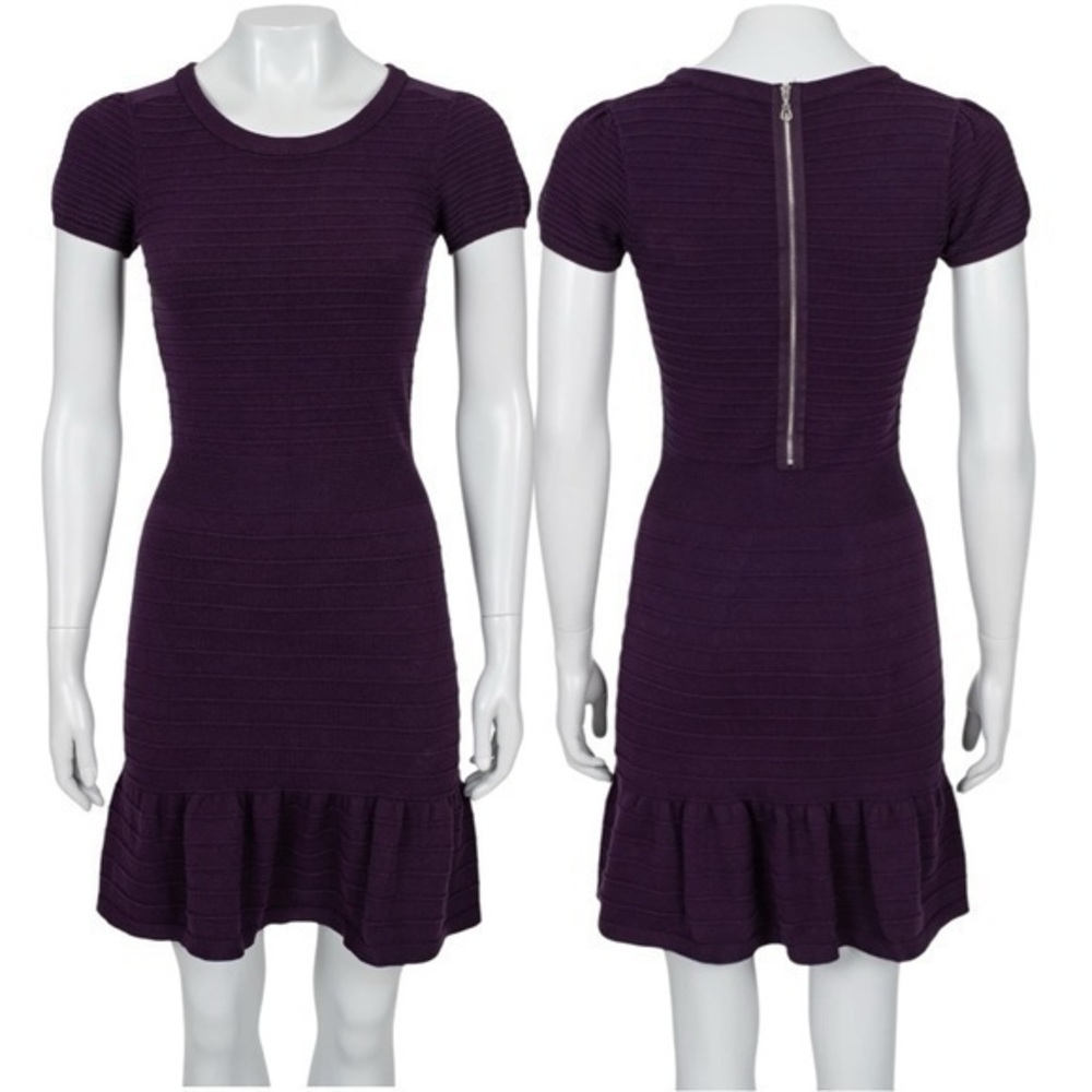 Sandro Deep Plum Ribbed Short-Sleeve Mini Dress